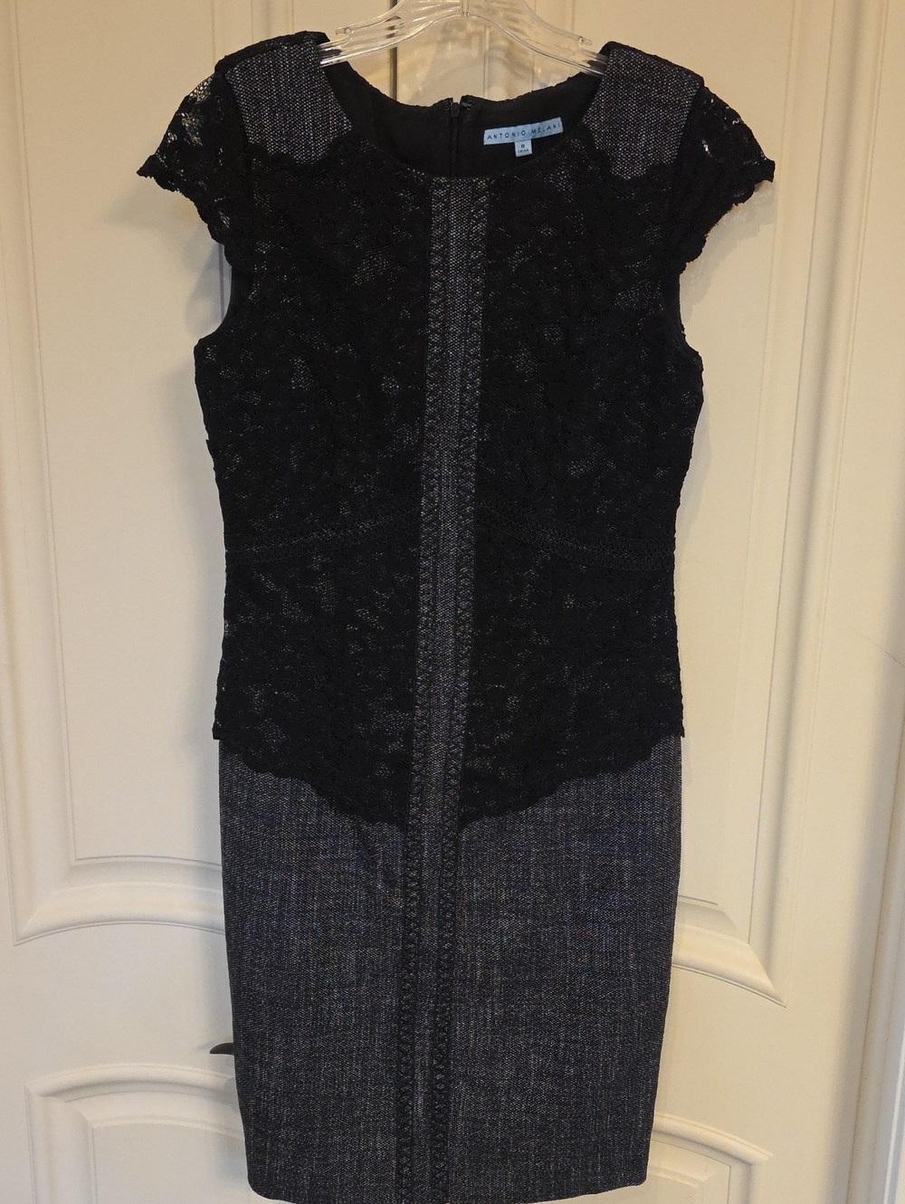 ANTONIO MELANI Black Lace & Gray Tweed Midi Sheath Dress